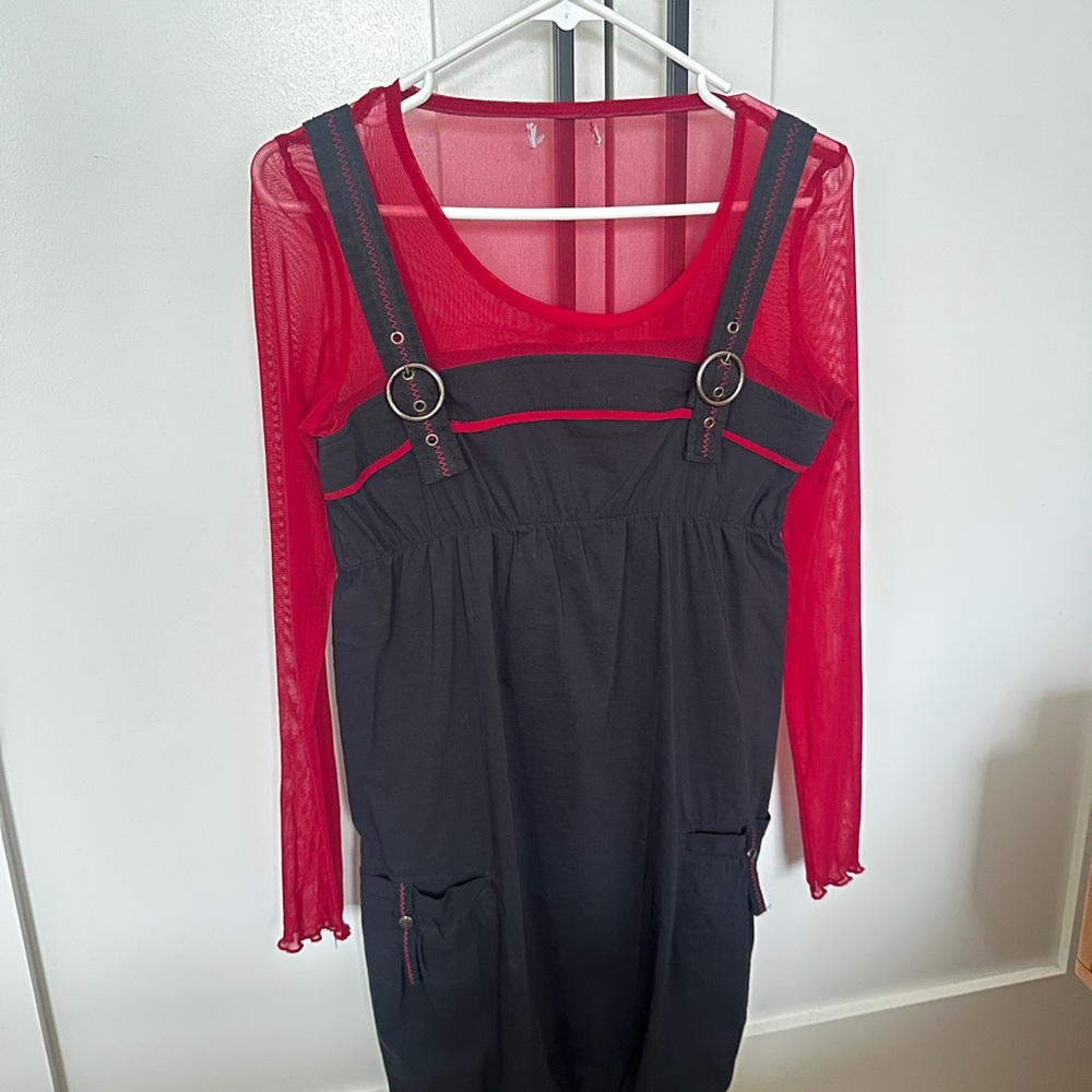 Red and Black Dress with Sheer Mesh Red Sleeves from Paris Vintage Store